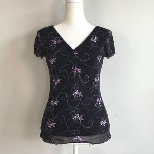 Vintage Y2K Sheer Mesh Black‎ Floral Embroidered Top Size Small Fairy Whimsigoth